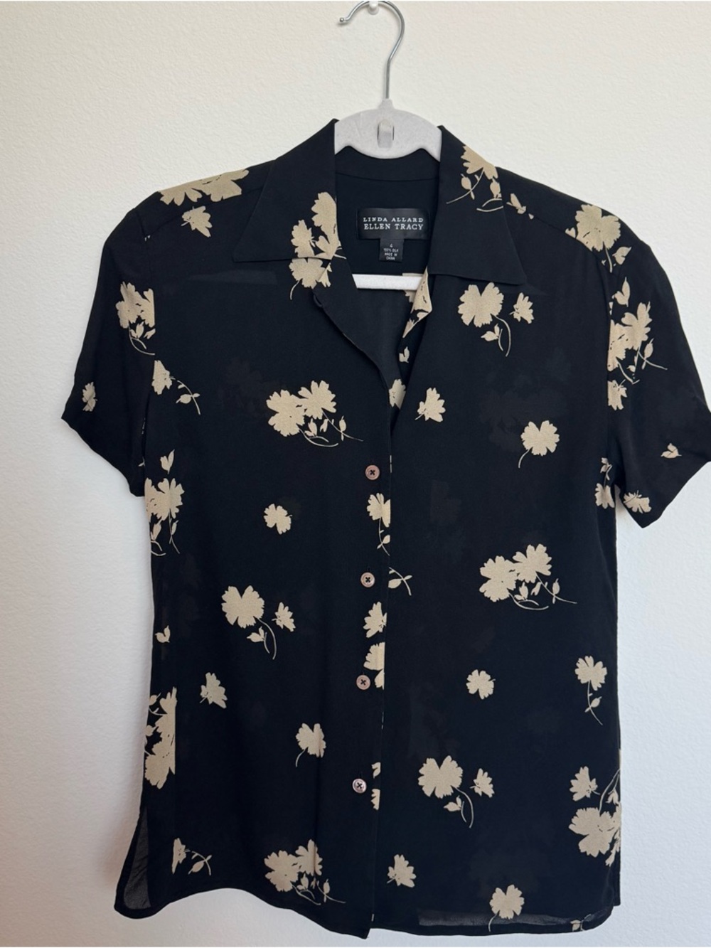 Ellen Tracy silk Black Button-Front Shirt with Cream Floral Print